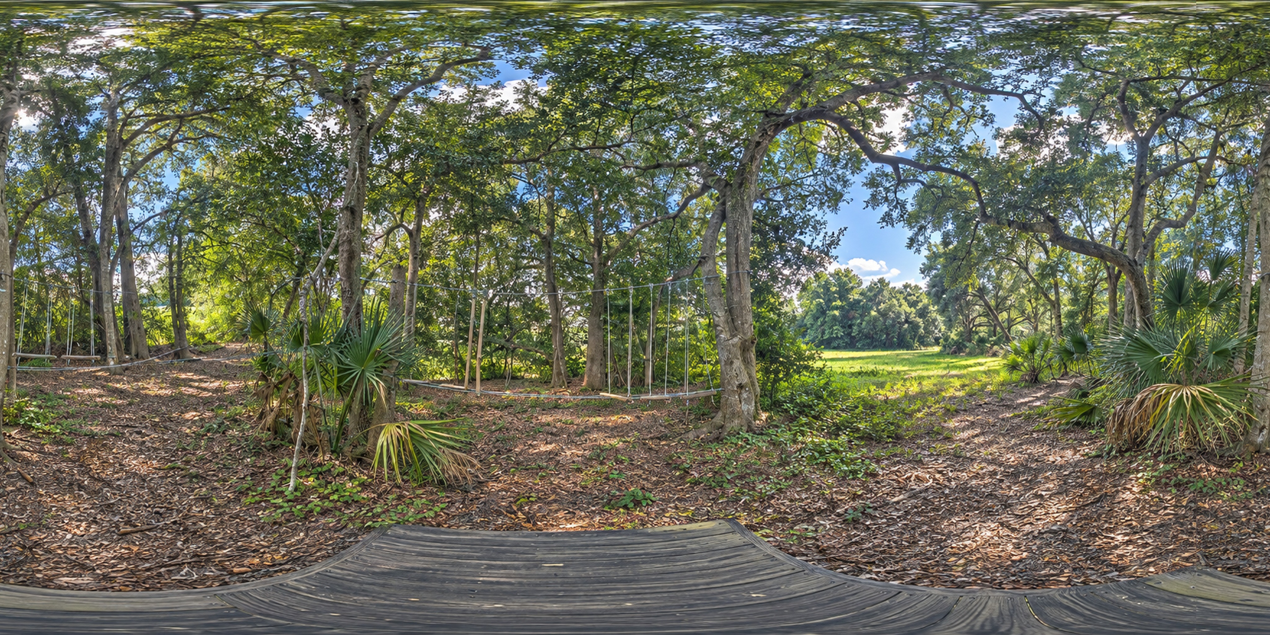 Wide panoramic view of the Camp Frontier Low Ropes Course